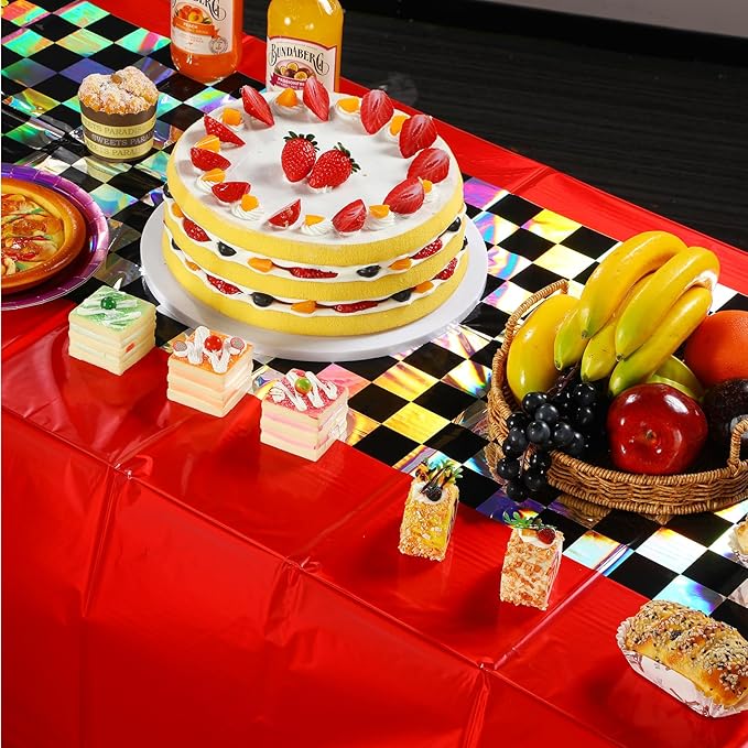 3Pack Iridescent Race Car Plastic Tablecloth, Disposable Shiny Laser Red and Black Checkered Table Cloth, Holographic Foil Rectangle Tablecloth for Race Car Boys Birthday Party Decorations, 54x108Inch