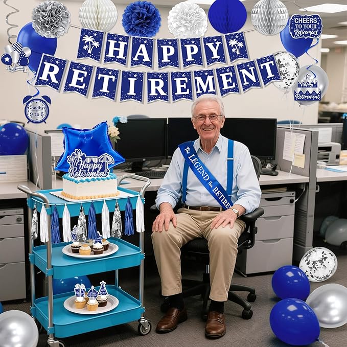 Retirement Party Decorations, Blue Silver Retirement Decorations for Men Women Including Tassel Garland Banner HAPPY RETIREMENT Banner Backdrop Sash Hanging Swirl Balloons Honeycomb Ball Cake Toppers