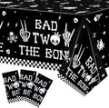 K1tpde 3PCS Bad Two The Bone Party Tablecloth for Kids, Music Themed 2nd Black Plastic Tablecloth, Rock and Roll 2nd Disposable Table Covers for Birthday Decoration, Skeleton Party Supplies