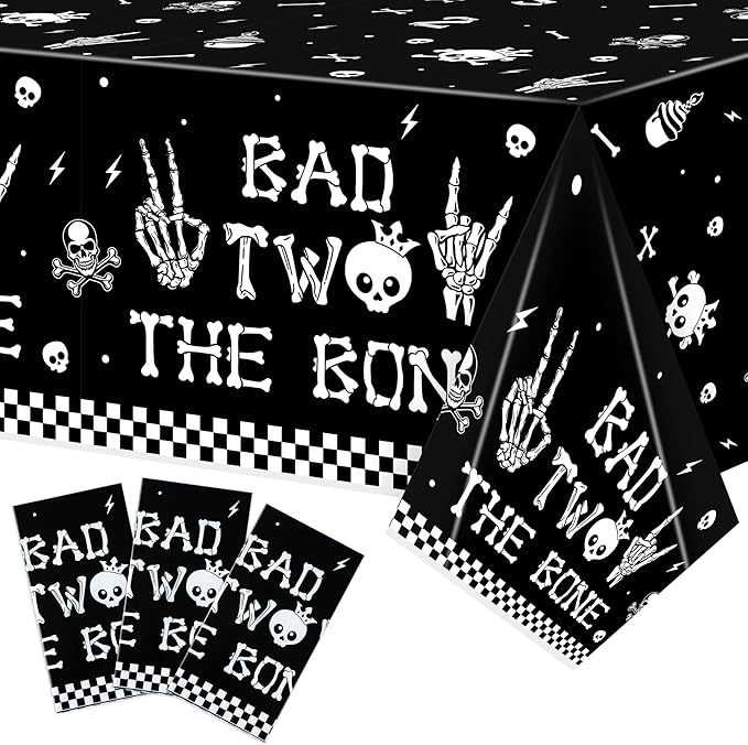 K1tpde 3PCS Bad Two The Bone Party Tablecloth for Kids, Music Themed 2nd Black Plastic Tablecloth, Rock and Roll 2nd Disposable Table Covers for Birthday Decoration, Skeleton Party Supplies