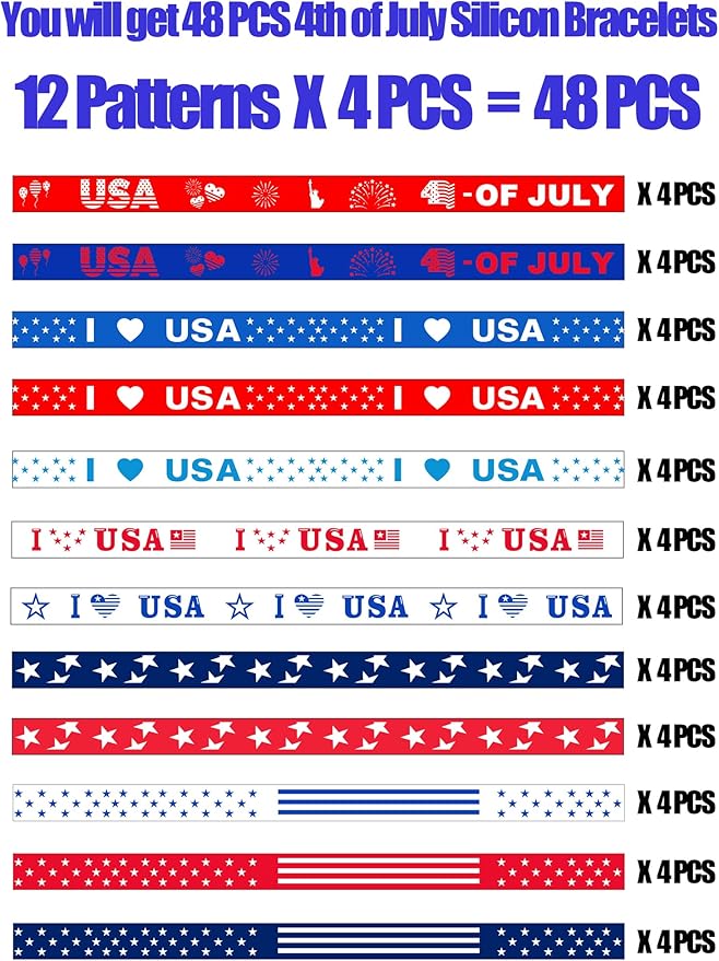 【48PCS】 4th of July Bracelets USA Bracelet 4th of July Outfits for Women Fourth of July Accessories Decorations Party Favor Party Supplies Fourth of July Bracelets Patriotic Bracelet Gifts