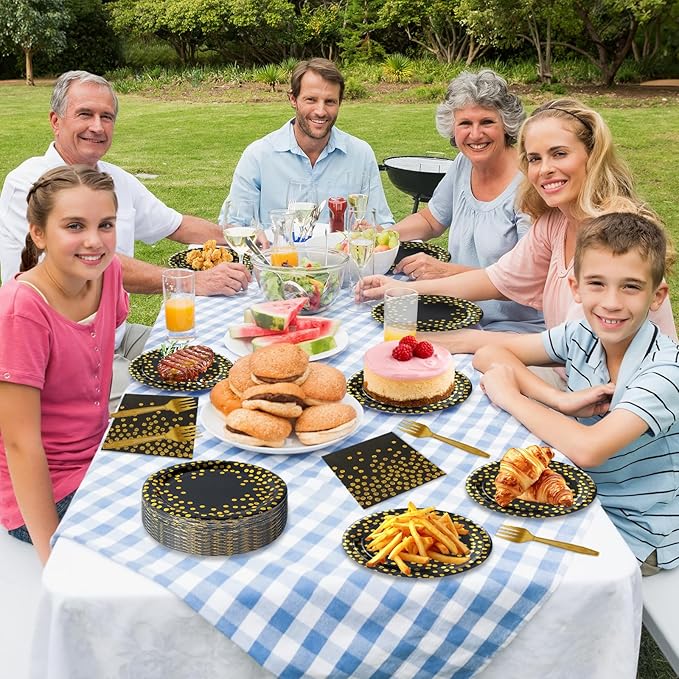 Black and Gold Paper Plates and Napkins Party Supplies,Serves 25 Guests Black Gold Plates and Napkins,Disposable Paper Tableware Set for Birthday Graduation Retirement Decorations