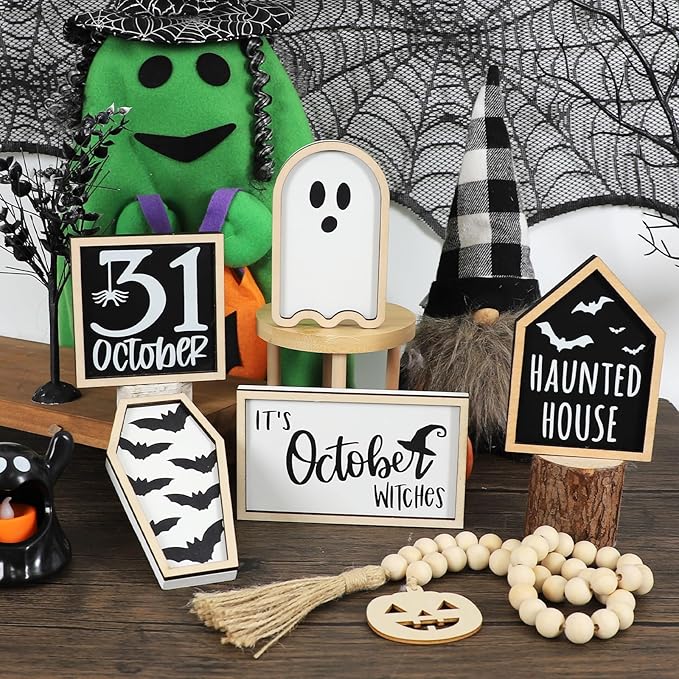 DAZONGE Halloween Decorations | 6PCS Halloween Tiered Tray Decor | Bat Coffin, Haunted House, Ghost, Witches, October 31 Sign, Bead Garland | Halloween Decor | Halloween Centerpiece for Table Shelf
