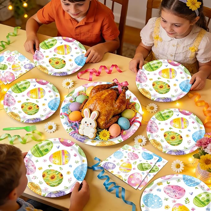 96 Pieces Easter Egg Paper Plates and Napkins Party Supplies, Colorful Eggs Disposable Tableware with Paper Plates Napkins and Forks for Spring Celebrations, Easter Day Party Favors - Serves 24