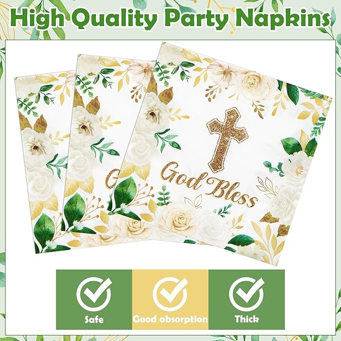 God Bless Flower First Holy Communion Baptism Floral Religious Mi Bautizo Party Plates Supplies - Serves 24-96Pcs Tableware Decorations Disposable Paper Plates Napkins Forks for Birthday