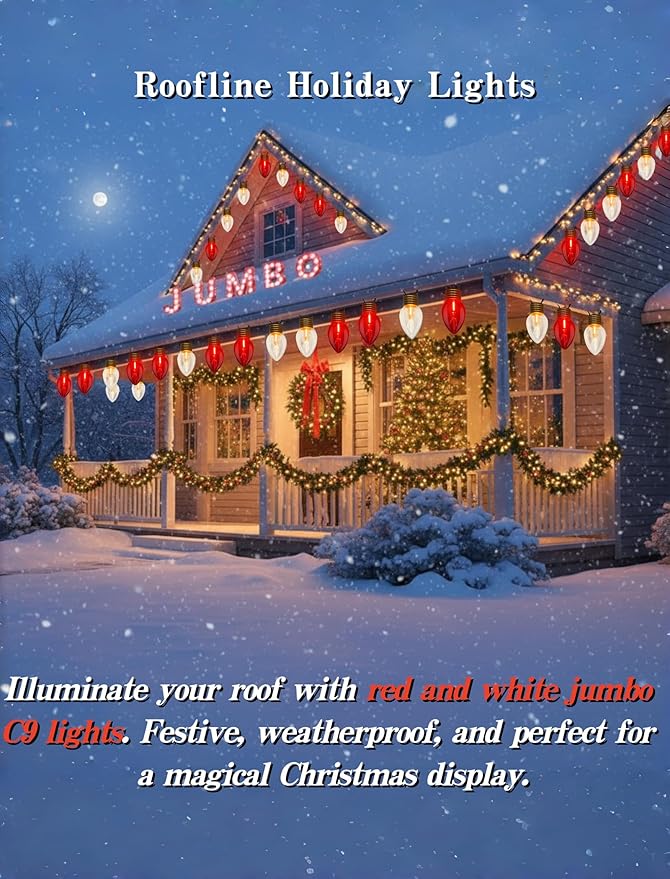 16FT Outdoor Christmas Decorations,Jumbo Red and White Giant Christmas Lights Outdoor with 10 LED Clear Red and White Bulbs for Tree Holiday Home Roof Yard Garden Decorations