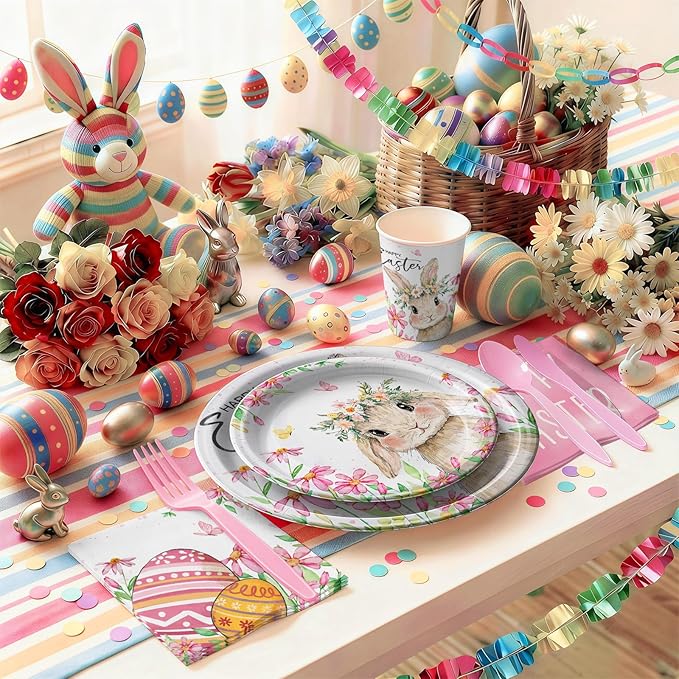 168PCS Easter Party Supplies Happy Easter Party Decorations Vintage Bunny Flower Paper Plates Napkins Cups Cute Rabbit Wlidflower Themed tableware for Spring Holiday Picnic Serve 24