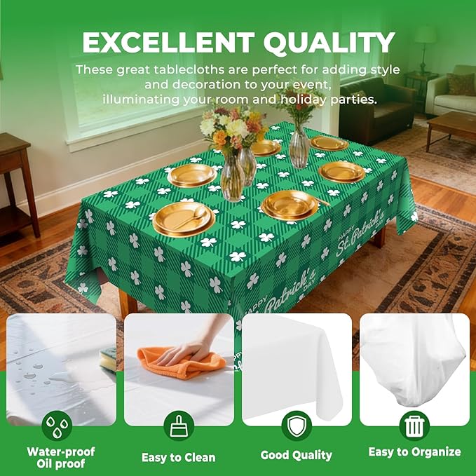 6 Pack Clover Checkered Disposable Plastic Tablecloth 54" x 108" Green Shamrock Party Table Cloths Disposable for 6 to 8 Foot Tables St Patricks Day Party Indoor or Outdoor (Clover Checkered)