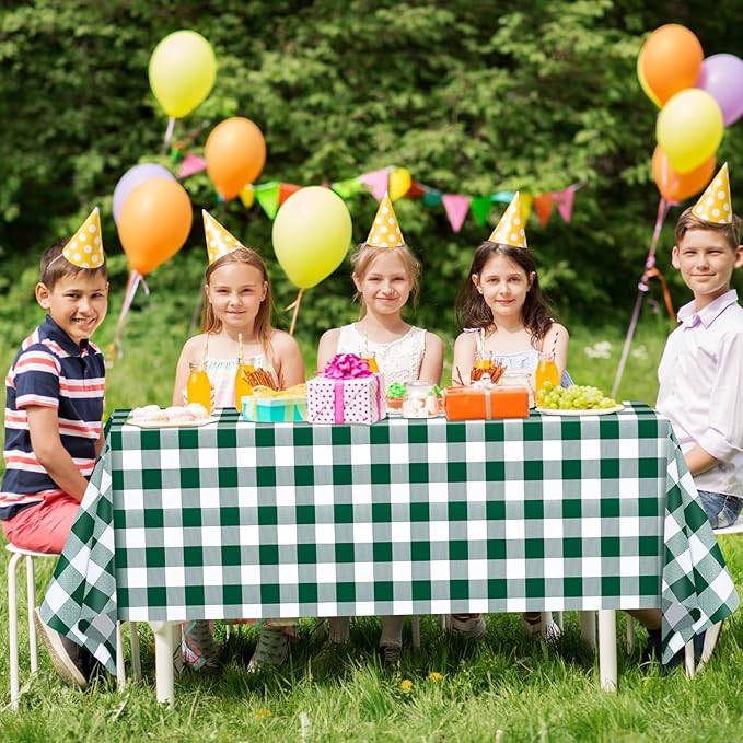 WNINK 6 Pack Green and White Checkered Rectangular Plastic Tablecloths, Green Gingham Waterproof Disposable Table Covers 54" x 108" for Birthday, Wedding, Outdoor Picnic Camping Parties