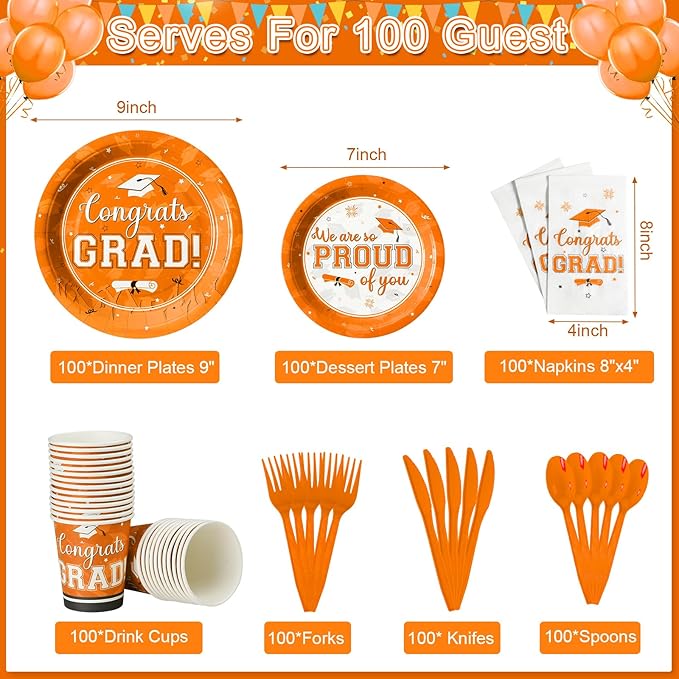 Graduation Party Supplies Congrats Grad Plates and Napkins Set Disposable Tableware Paper Plates Napkins Cups Knives Spoons Forks Straw for Class of 2025 Graduation Party Decorations Serve100 (Orange)