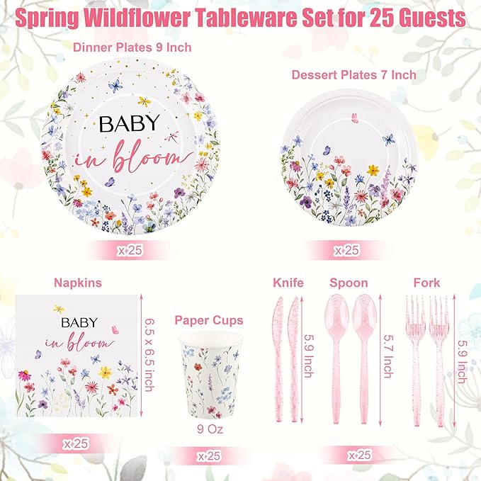 Kochorie 175 Pieces Wildflower Spring Floral Party Supplies Baby in Bloom Tableware Set 7 Inch & 9 Inch Paper Plates Napkins Cups Cutlery for Spring Picnic Baby Shower Decoration, Serve 25 Guests