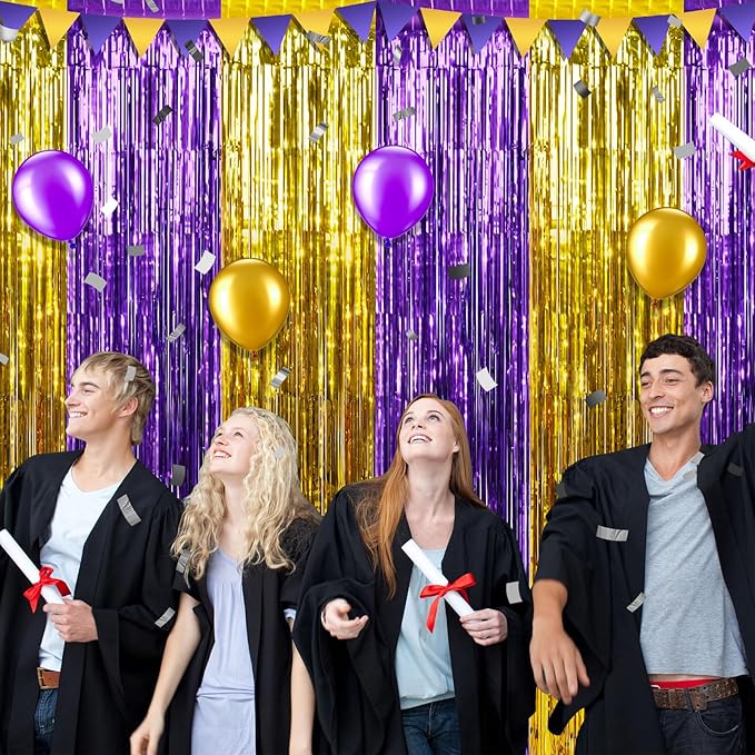 6Pack 3.3Ft x 6.6Ft Graduation Foil Fringe Curtain Backdrop Decorations, Purple Gold Metallic Tinsel Foil Streamers Curtain Photo Booth Background for Graduation Prom Wedding Birthday Party Decoration