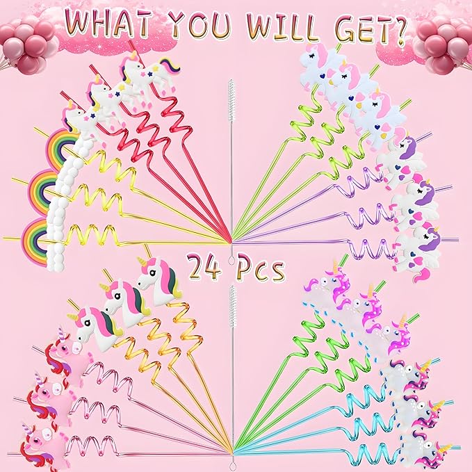 LEDUO 24Pcs Reusable Unicorn Drinking Plastic Straws,Silly Crazy Straws for Kids-Party Supplies-Party Favors Decorations-Rainbow Unicorn Theme Birthday Party Drinking Straw for Girls Boys