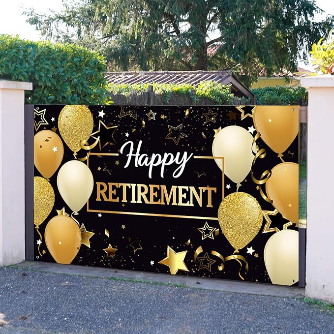 Blulu Retirement Party Decorations, Extra Large Fabric Retire Sign Banner Photo Booth Backdrop Background with Rope for Retirement Party Favor(70.8 x 43.3 Inch,Black and Gold)