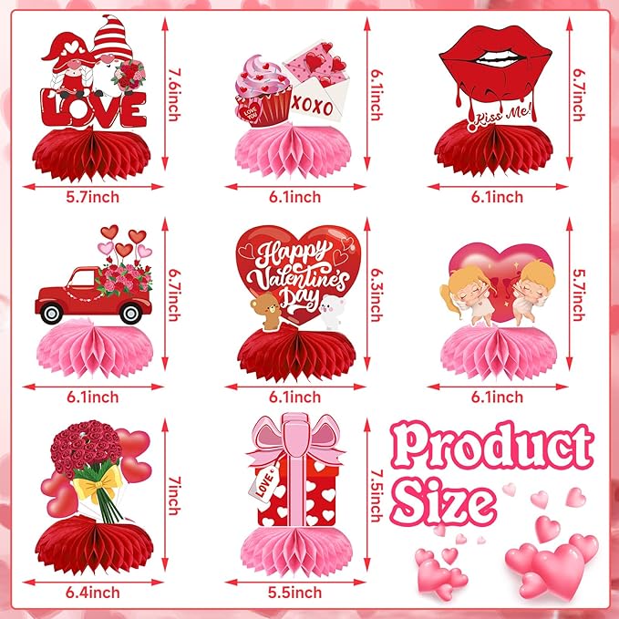 JULMELON Valentines Table Decorations Honeycomb Centerpiece, 8pcs Valentines Day Centerpieces for Tables 3D Valentines Day Table Decor Heart Table Toppers for Valentines Party Decorations