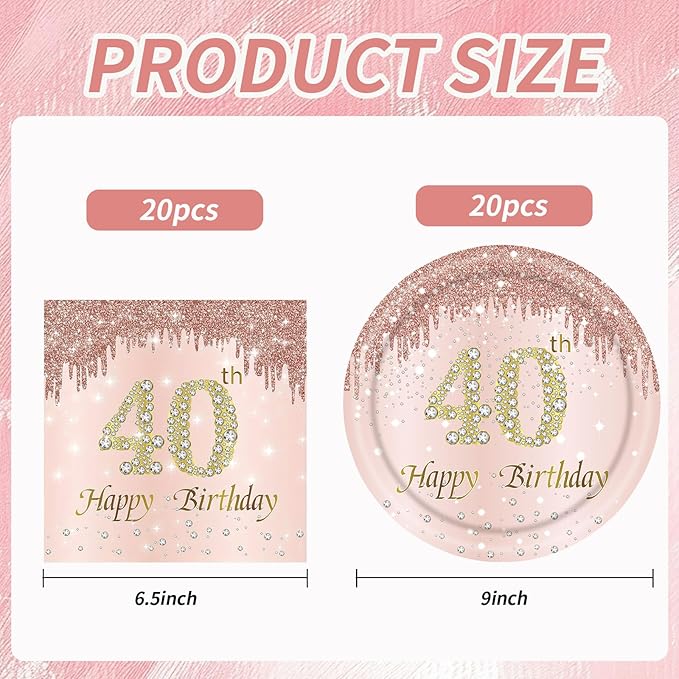 40th Rose Gold Birthday Plates and Napkins, 9 Inch Pink Rose Gold Disposable Dinner Dessert Plates Happy 40th Birthday Party Supplies Decorations for Girls Women