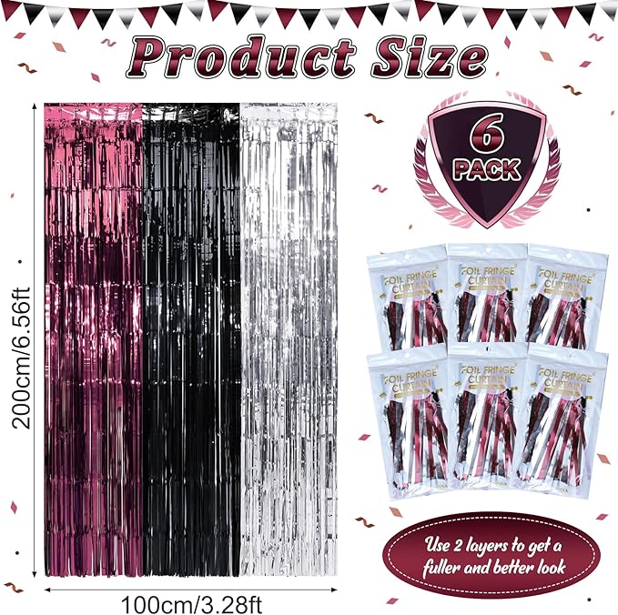 6 Pack 3.3Ft x 6.6Ft Graduation Foil Fringe Curtain Backdrop Decorations, Maroon Black Silver Metallic Tinsel Foil Streamers Curtain Photo Booth Background for Graduation Prom Wedding Birthday Party