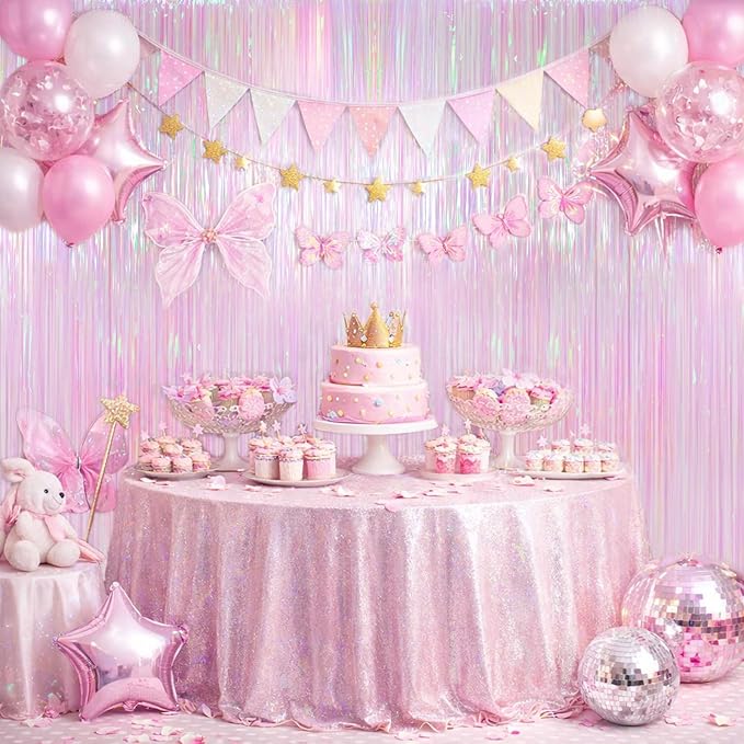 Melsan Transparent Backdrop Curtain, 3.28 x 8ft Extra Long Clear Foil Fringe Curtain with Extra Backup Tape, Soft Shimmer Party Decoration for Baby Shower, Candy Theme & Photo Booth, 2 Pack