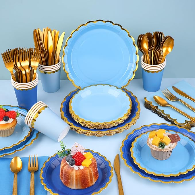 Kochorie 140 PCS Blue Party Supplies for 20 Guests Disposable Dinnerware Set Includes Scalloped Plates Napkins Cup Cutlery Tableware Set for Birthday Party Wedding Baby Shower Picnic