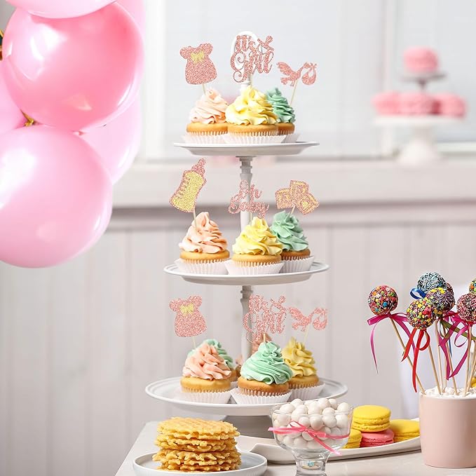Gyufise 24Pcs Baby Shower Cupcake Toppers Glitter Bow Dress Baby Bottle Oh Baby Cupcake Picks It's a Girl Cake Decorations for Gender Reveal Baby Shower Kids Girls Birthday Party Supplies Rose Gold