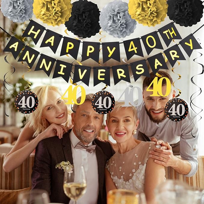 40th Anniversary Decorations Kit - 16 Pcs: 1 Happy Banner, 9 Sparkling 40 Hanging Swirls, 6 Poms - Wedding Party Supplies
