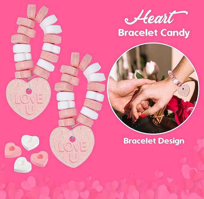 Gift Boutique Valentines Heart Bracelet Candy 50 Pack Individually Wrapped Love U Charm Hearts Shaped Bracelets White Pink Red Beads Party Bags Treats