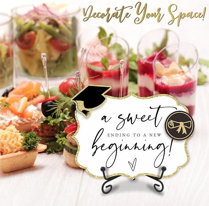A Sweet Ending To A New Beginning - 5"X7" Graduation Wooden Buffet Sign, Candy Sign With 1 Metal Support，2 DIY Wood Decor With Velcro, Grad Party Decor & Supplies(Gold) - B01