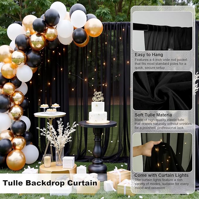 Black Backdrop Curtain - 10 * 8FT Tulle Backdrop Curtain with Lights String for Birthday Decorations - Sheer Backdrop Curtains for Weddings Baby Shower Celebration Happy Anniversary Decorations