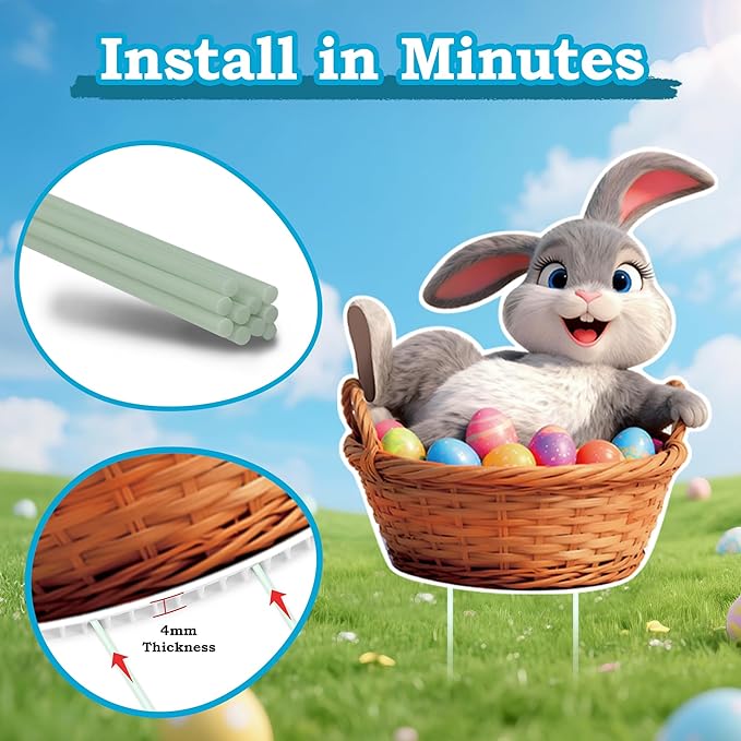 8 Pcs Easter Yard Signs with Stakes, Large Outdoor Easter Bunny Decorations in 8 Styles Featuring Cute Rabbits and Eggs, Sturdy and Waterproof Bunny Yard Lawn Garden Decor for Easter Party