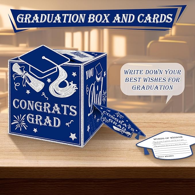 AYGXU graduation card box Holder 2026 with 30pcs graduation cards,Graduation party Decorations,graduation box for gifts and Cards,graduation money box,Graduation Party favors Supplies-Royal Blue box