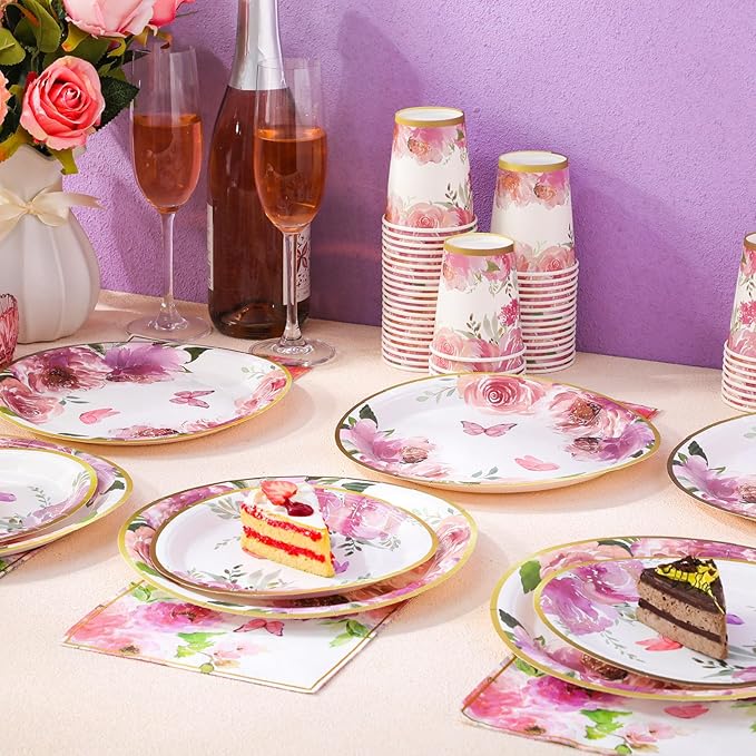 Pickmesh 250 Pcs Floral Party Disposable Tableware Set Paper Plates and Napkins Cups Supplies Tea Party Theme Dinner Dinnerware for Birthday Bridal Baby Shower wedding Decoration Serves 50
