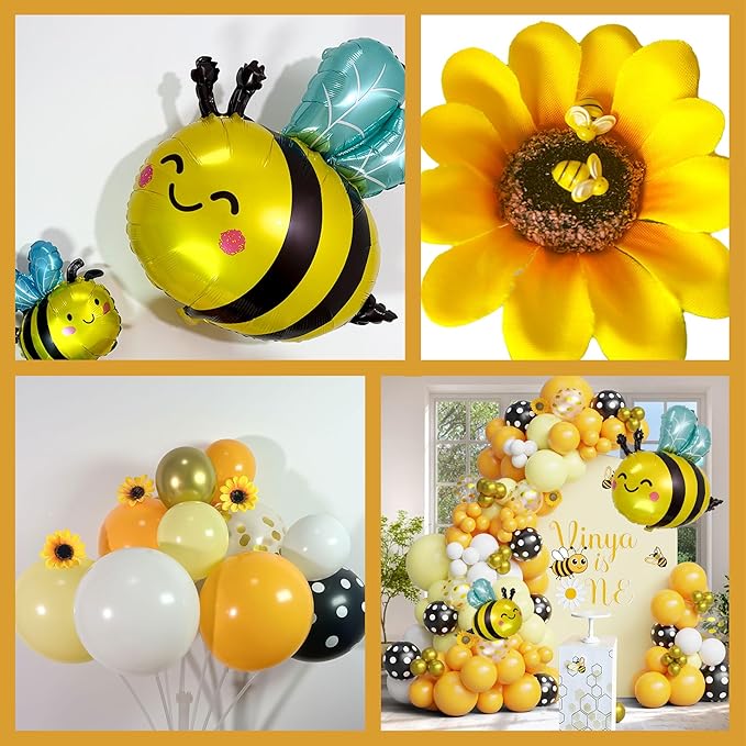Bee Balloon Arch Kit, Black Yellow White Gold Balloon Garland with Bee Foil, Sunflower Decor for Bee Birthday, Baby Shower, Gender Reveal, Party Decorations