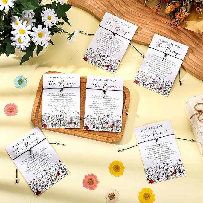 Thyle 50 Set Wildflower Baby Shower Favors for Guests Adjustable Bracelets with Message from the Bump Card Footprints Charm Baby Shower Bracelets for Gender Reveal Thank You Gifts