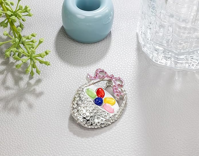 2Pcs Crystal Basket Colorful Easter Egg Brooches Pins with Pink Bow Rhinestones