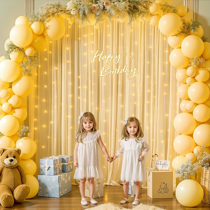 10x10FT Champagne Wrinkle Free Backdrop Curtains with Lights String for Parties - Photo Curtain Backdrop with Lights for Wedding Decorations, Bridal Baby Shower Birthday Party Photography Background