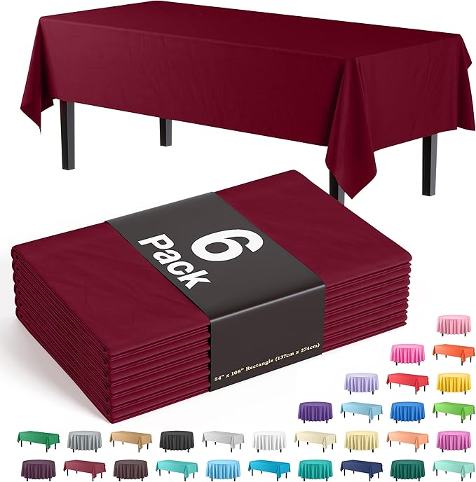 Exquisite Party Solids 6-Pack Premium Plastic Tablecloth 54in. x 108in. Rectangle Plastic Table Cover - Burgundy