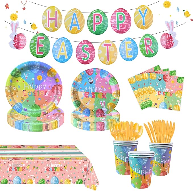 Easter Party Supplies Set - Disposable Easter Plates and Napkins Kit for 10 Guests, Includes Dinner & Dessert Plates, Cups, Cutlery, Napkins, Banner, Tablecloth for Easter Dinner, Spring Party