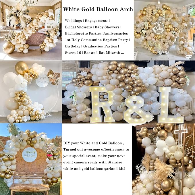 White Gold Balloon Garland Kit - 171pcs White and Gold Latex Balloons Arch Kit, White Gold Balloon Wall for Birthday Baby Shower,Wedding Bridal,Graduation,First Communion Baptism Party Decorations