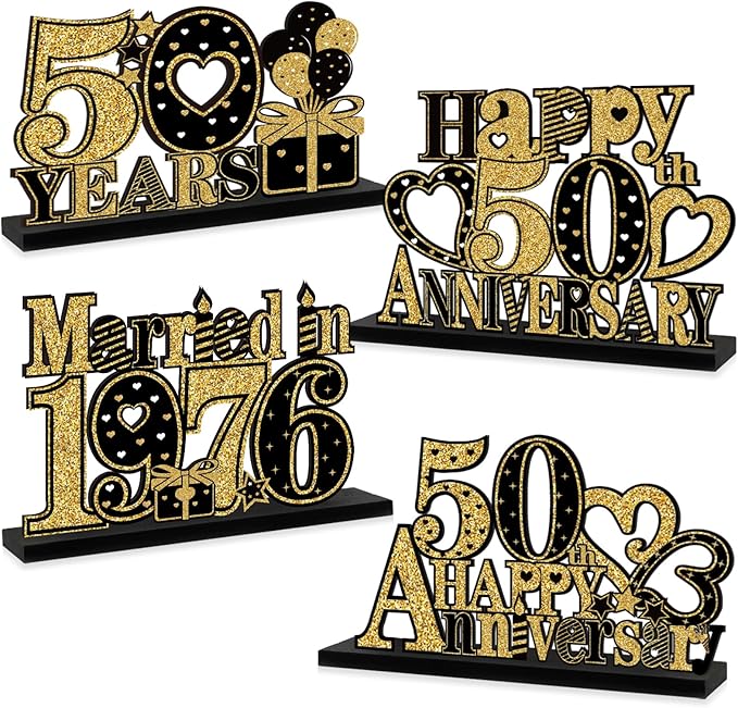 Eiurteao 4 Pieces 50th Anniversary Decorations Married in 1976 Wooden Table Sign, Black Gold Happy 50 Wedding Anniversary Table Centerpieces Party Supplies, Cheers to 50 Year Anniversary Table Decor
