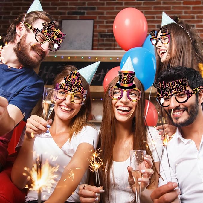 12PCS New Year Glasses, Funny New Years Eve Party Paper Glasses Photo Booth Props 2026 Eyeglasses Frames for NYE Party Supplies Decorations 2026