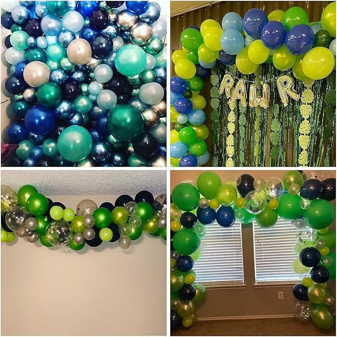 134Pcs Blue and Green Balloon Garland Kit, Navy Blue Dark Green Gold Balloon Arch Kit with Metallic Chrome Balloons, Dinosaur Helium Latex Balloons for Dino Jungle Safari Birthday Party Decorations