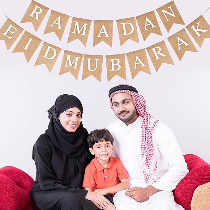 Ramadan Eid Mubarak Burlap Banner Muslim Fireplace Mantel Decoration Pre-Strung Ramadan Bunting for Wall Porch Party Indoor Outdoor Decor