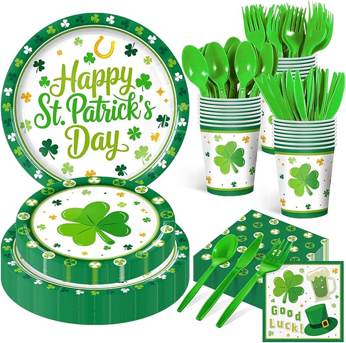 Green Party Supplies Set 168 PCS Clover Tableware Kit Disposable Plates Cups Napkins Cutlery for Birthday Sports Party Lucky Theme Decorations