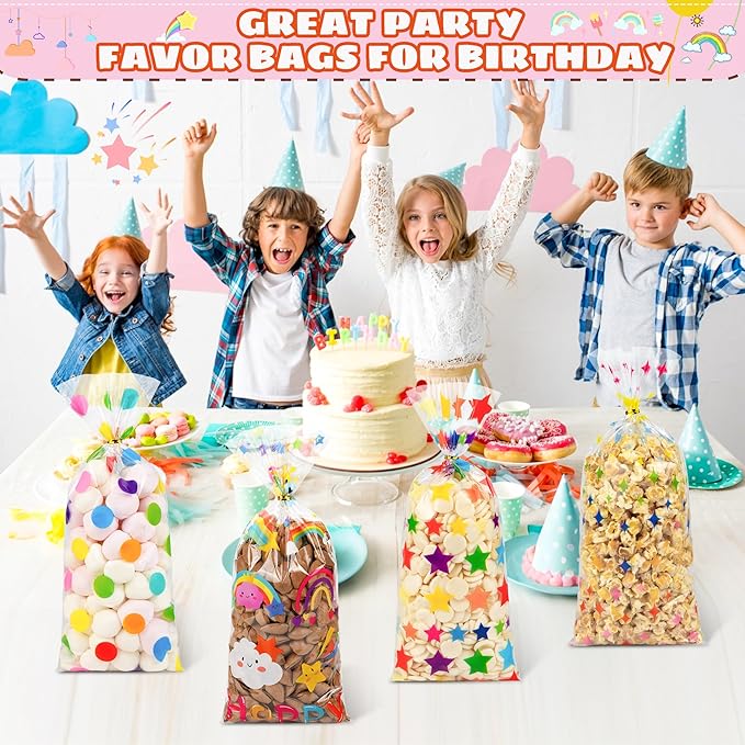 50PCS Rainbow Cellophane Treat Bags: Clear Goodie Bags with 60 Twist Ties for Kids Birthday Party Favors Wrapping, Durable Clear Plastic Gift Bag for Candy Cookies Treat Classroom Return Gifts