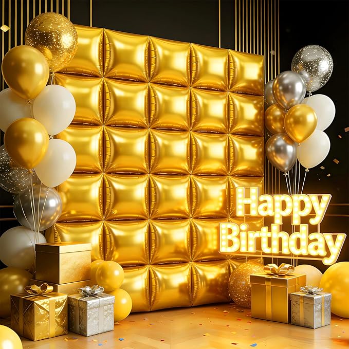 25Pcs Gold Square Foil Balloons Wall Backdrop, Double Sided Metallic Foil Balloons Tunnel Arch Garland Kit for Photo Booth Birthday Wedding Graduation Halloween Party Decorations
