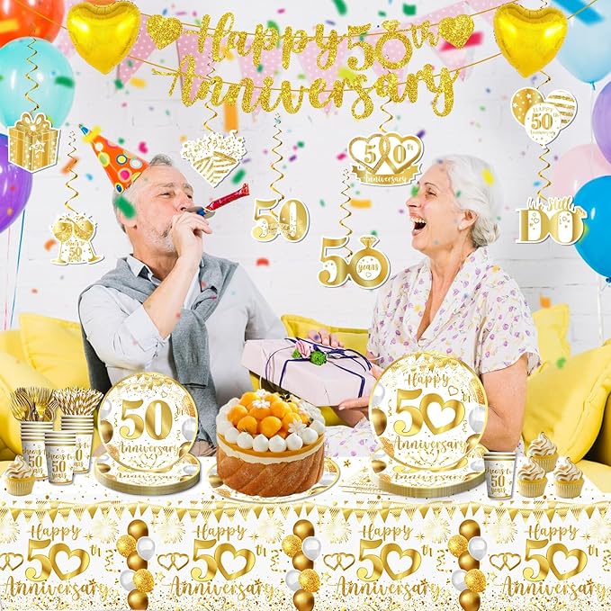 cocomigo 162pc 50th Anniversary Decorations - Tableware Set with Plates, Napkins, Banner, Tablecloth, Balloons - Serves 25