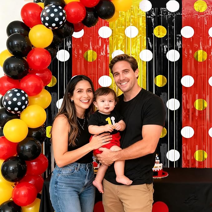 2 Packs Red Black Yellow Foil Fringe Curtain, Mouse Polka Dots Glitter Metallic Tinsel Backdrop for Birthday Baby Shower Cartoon Mouse Party Decorations Supplies