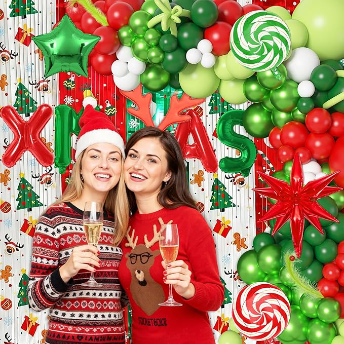 Ouddy Life 170Pcs Merry Christmas Party Decorations Set, Christmas Balloon Garland Arch Kit, Xmas Foil Fringe Curtains Faux Pampas Red Green Candy Cane Star Foil Balloons for Friends Birthday Supplies