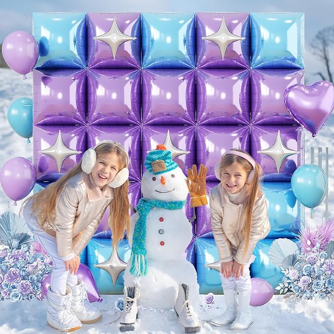 32PCS Blue and Purple Square Foil Balloons Wall with Star Foil Balloon, Double Sided Frozen Snowflake Light Purple Blue Balloon Backdrop Tunnel Arch Kit for Winter Birthdays Under the Sea Theme Decor