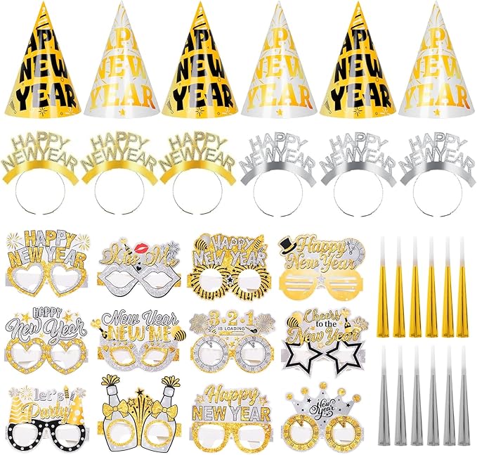 YVAINE 2026 New Year Eve Party Supplies 36pcs Gold Silver Years Eve Decorations Kit - Happy New Year Paper Glasses Headband Cone Hats Noisemaker for 2026 Happy News Year Eve Party Supplies